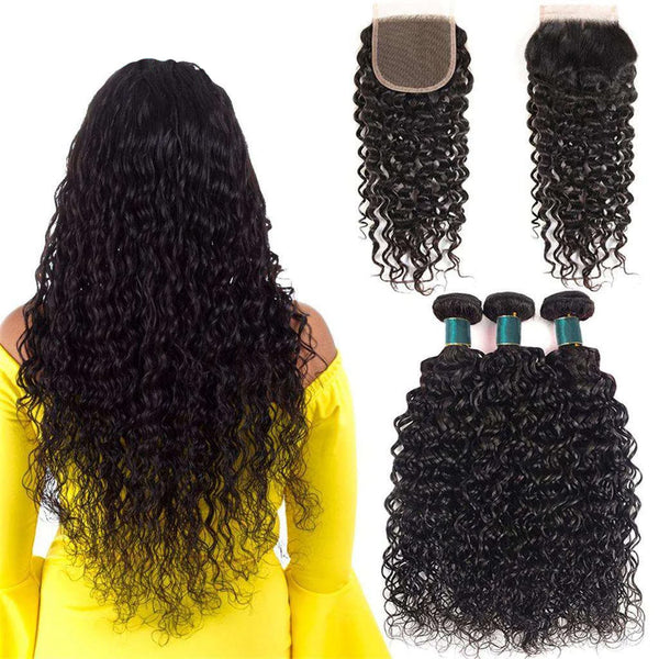 Water Wave 3 Bundles with Closure 10A Brazilian Human Hair Natural Color