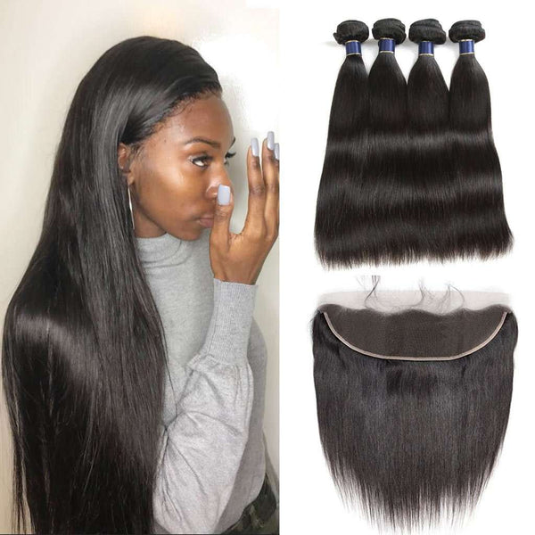 9A Peruvian Straight Hair 4 Bundles With Lace Frontal Human Hair