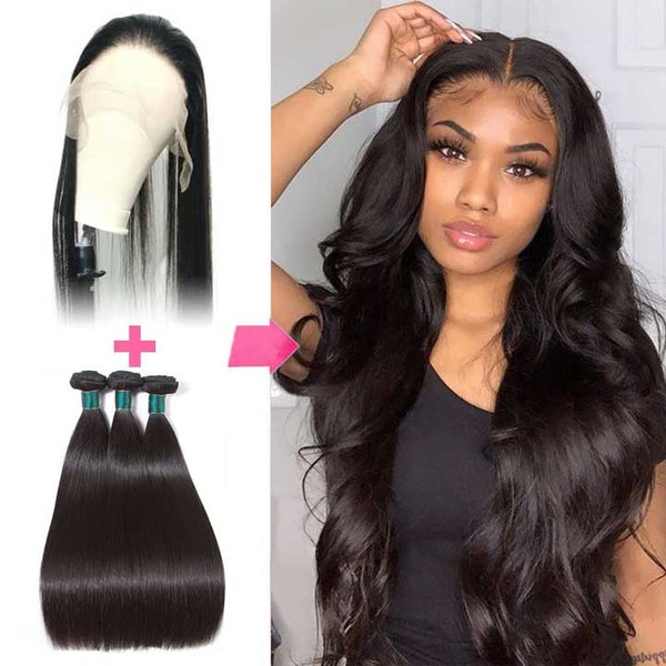 Professional Sewing In Lace Front Wig Cap with Hair Bundles 10A Top Grade Straight Virgin Hair