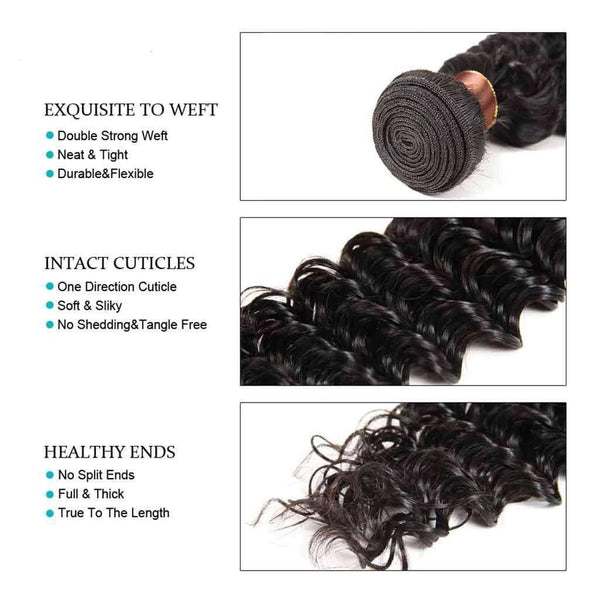 9A Deep Wave Virgin Hair 3 Bundles with Closure Natural Color Brazilian Hair