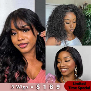 3Wigs = $189 | Glueless Throw on & Go Body Wave Wig with Bangs + V - part Bob Kinky Curly Wig + Deep Side Part Glueless HD Transparent Lace Bob Straight Wig - edmundhair.com