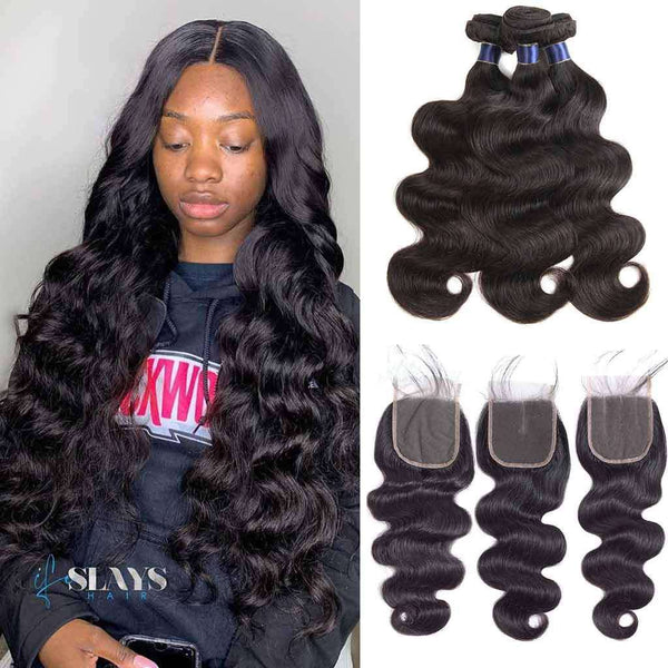 9A Body Wave Virgin Hair 3 Bundles with Closure Natural Color Indian Hair