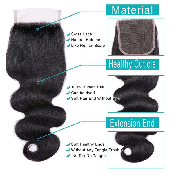 9A Body Wave Virgin Hair 3 Bundles with Closure Natural Color Brazilian Hair