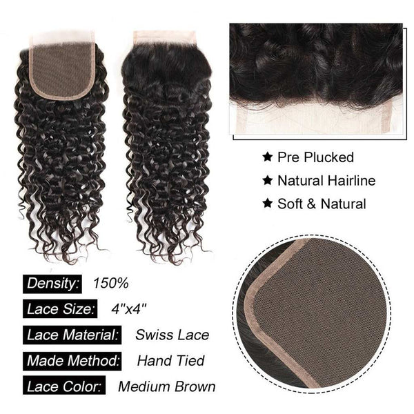 9A Deep Wave Virgin Hair 3 Bundles with Closure Natural Color Brazilian Hair