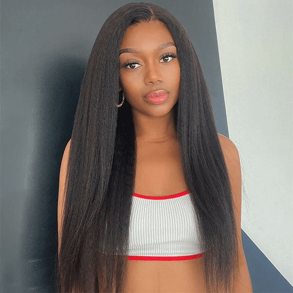 Kinky Straight 13x6 HD invisible Lace Front Wig Black hair With Natural Hairline