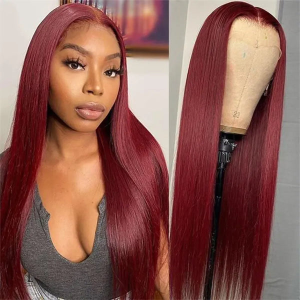 Flash Sale Burgundy / Ginger 5x5 Transparent Lace Closure Straight Wig Pre Bleached Human Hair