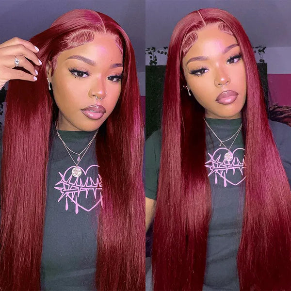 Flash Sale Burgundy / Ginger 5x5 Transparent Lace Closure Straight Wig Pre Bleached Human Hair