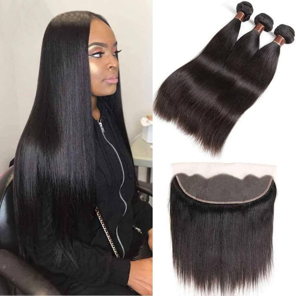 9A Straight Virgin Hair 3 Bundles With 13x4 Frontal Brazilian