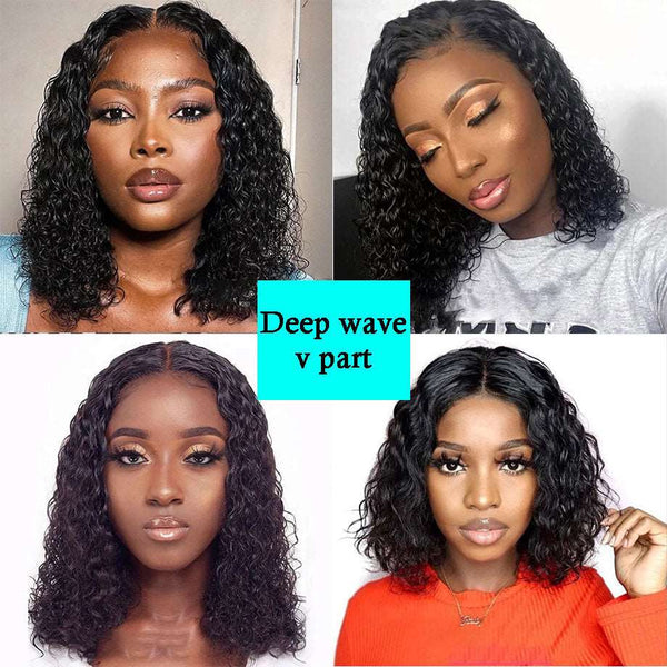 Deep Wave Curly Glueless Bob V Part Wig Beginner Friendly Natural Scalp Thick Human Short Hair