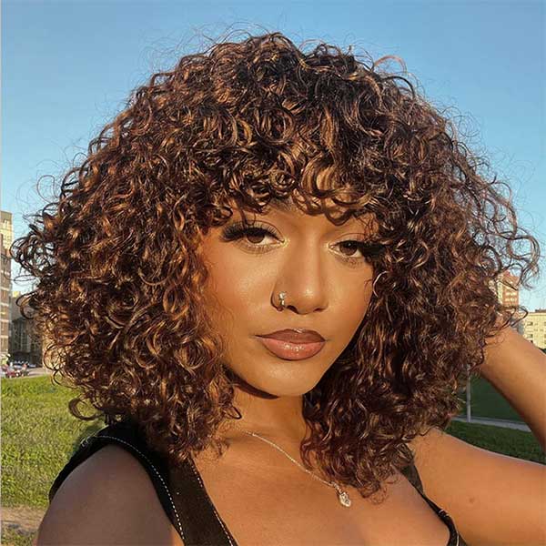 Highlight 4/27 Human Hair Curly Bob Wig With Bangs