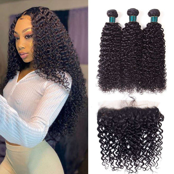 9A Jerry Curly Virgin Hair 3 Bundles With Frontal Human Hair