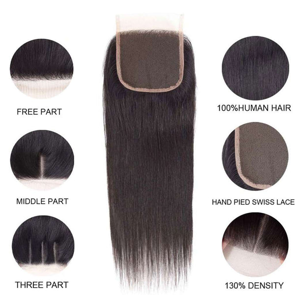 9A Straight Soft Peruvian Virgin Hair 3 Bundles with Closure Natural Color