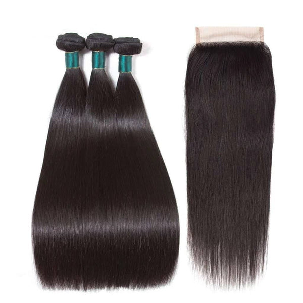 9A Straight Soft Peruvian Virgin Hair 3 Bundles with Closure Natural Color