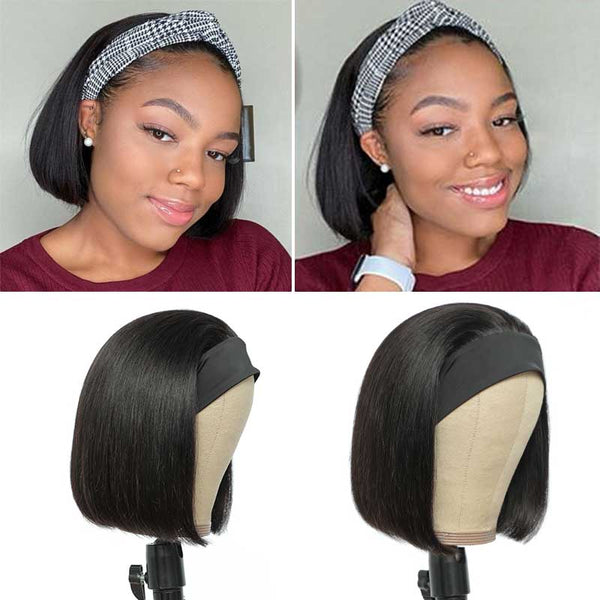 Short Black Wig Headband Bob Glueless Wig Beginner Friendly Virgin Hair