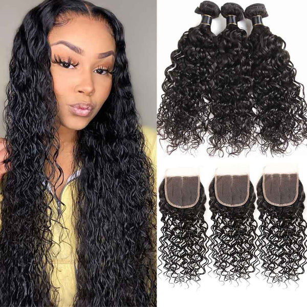 9A Water Wave Virgin Hair 3 Bundles with Closure Natural Color Brazilian Hair