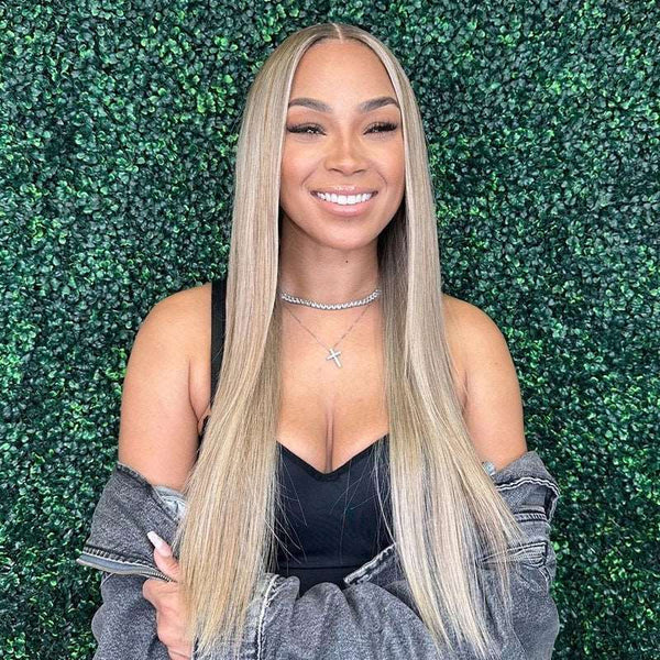 Ash Blonde With Platinum Highlight Straight 13x4 Lace Frontal Wig 100% Human Hair