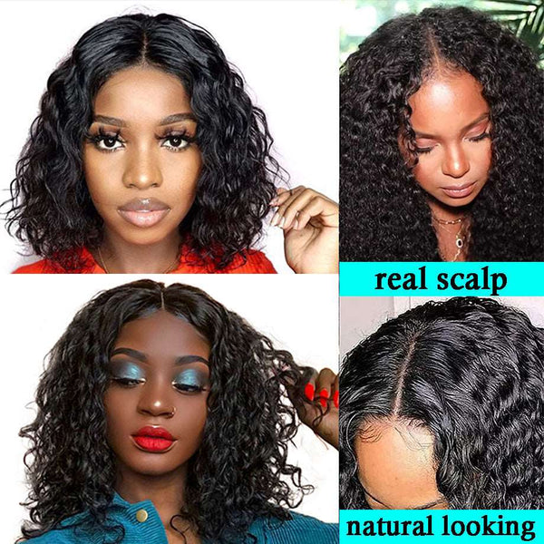 Deep Wave Curly Glueless Bob V Part Wig Beginner Friendly Natural Scalp Thick Human Short Hair