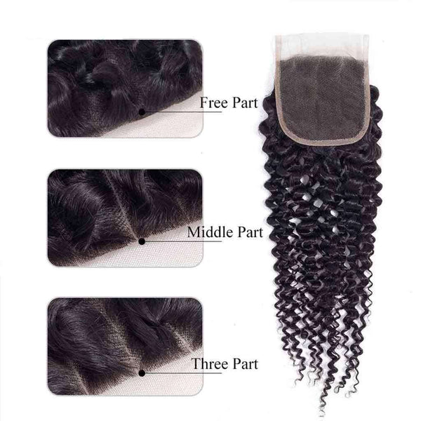 9A Kinky Curly 3 Bundles with Lace Closure Natural Color Brazilian Virgin Hair