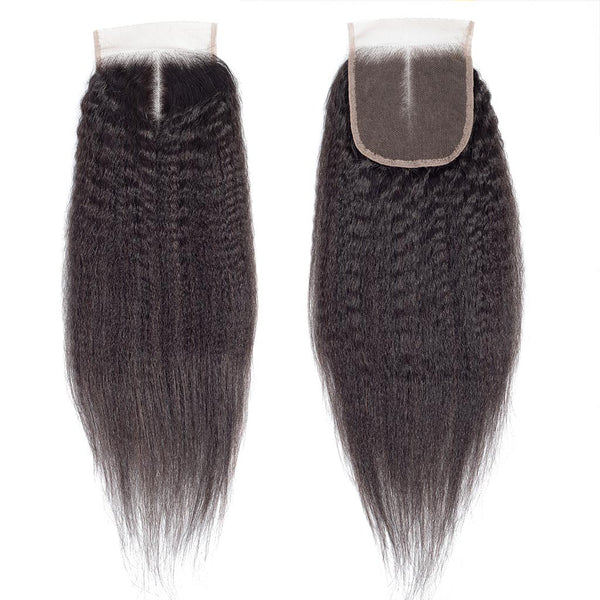 Kinky Straight Hair 3 Bundles with Closure 10A Brazilian Human Hair Natural Color