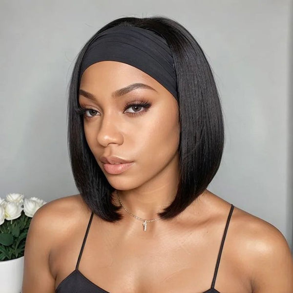 Short Black Wig Headband Bob Glueless Wig Beginner Friendly Virgin Hair