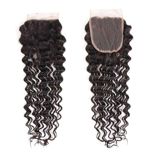 Deep Wave 10A 3 Bundles with Closure Free Part Brazilian Human Hair Natural Color