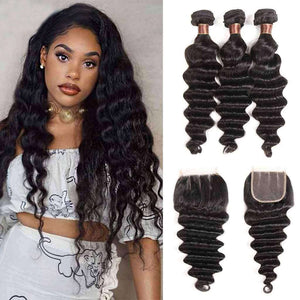 9A Loose Deep Wave Virgin Hair 3 Bundles with Closure Natural Color Brazilian Hair