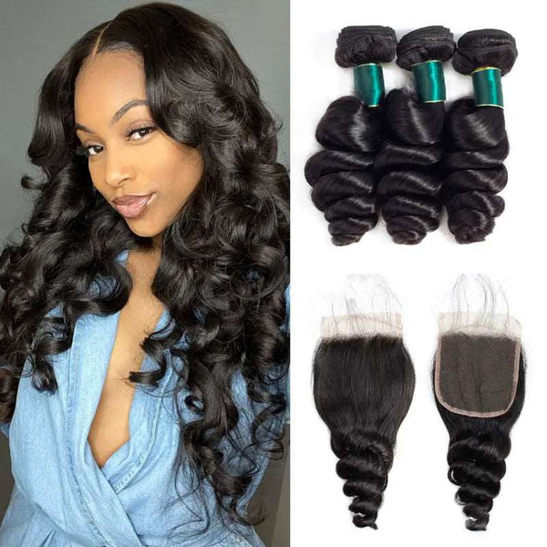 9A Loose Wave Virgin Hair 3 Bundles with Closure Natural Color Brazilian Hair