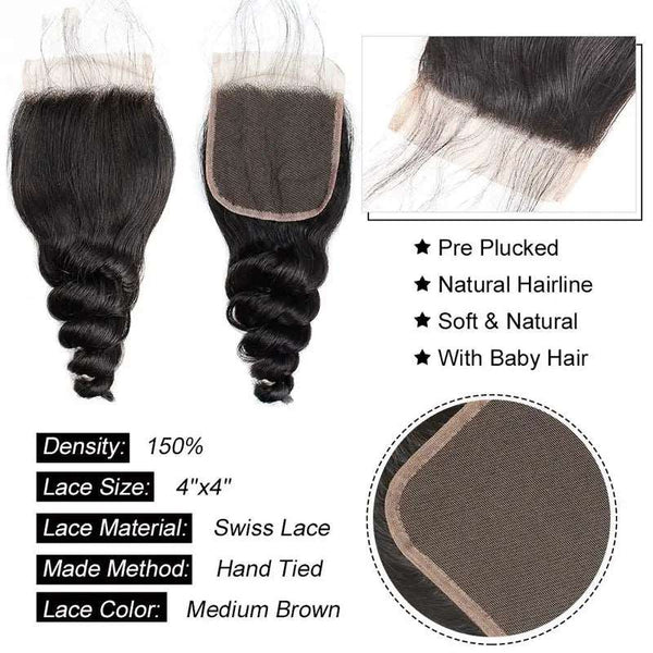 9A Loose Wave Virgin Hair 3 Bundles with Closure Natural Color Brazilian Hair