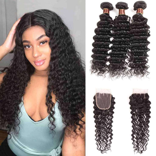 9A Deep Wave Virgin Hair 3 Bundles with Closure Natural Color Brazilian Hair