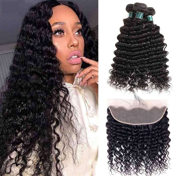 9A Grade Deep Wave 3 Bundles With Frontal Brazilian Virgin Hair