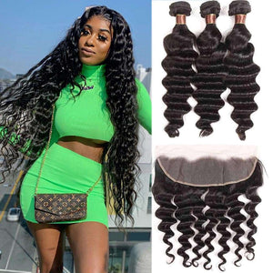 9A Grade Loose Deep Wave 3/4 Bundles With Frontal Brazilian Virgin Hair