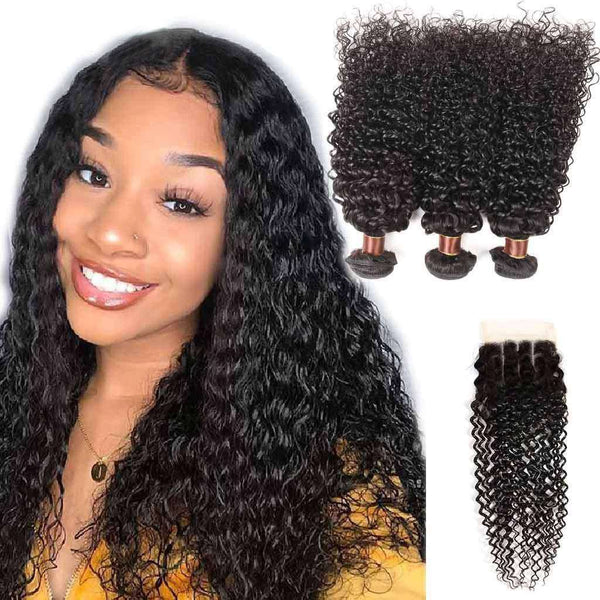 9A Jerry Curly 3 Bundles with Lace Closure  Natural Color Purvian Virgin Hair