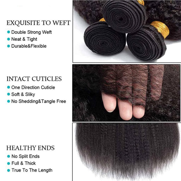 Kinky Straight Hair 3 Bundles with Closure 10A Brazilian Human Hair Natural Color