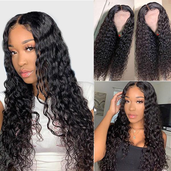 Glueless Water Wave Pre-Plucked 4*4 Closure Human Hair Wigs Brazilian Natural Wave