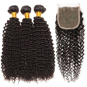 9A Kinky Curly Hair 3 Bundles with Closure Human Hair Natural Color