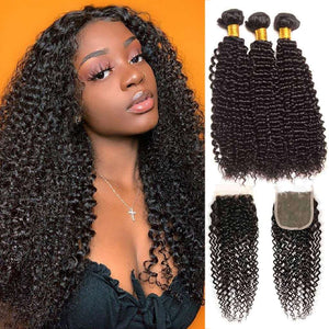 9A Kinky Curly 3 Bundles with Lace Closure Natural Color Brazilian Virgin Hair