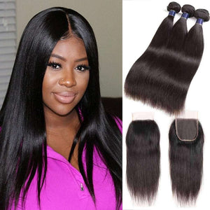 9A Straight Soft Brazilian Virgin Hair 3 Bundles with Closure Natural Color