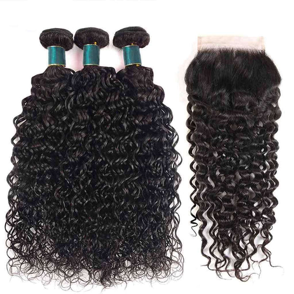 9A Water Wave Virgin Hair 3 Bundles with Closure Natural Color Malaysian Hair